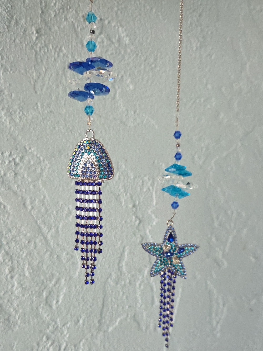 Car Rearview Mirror Charms Blue Starfish & Jellyfish Crystal Drop NEW Set Of 2